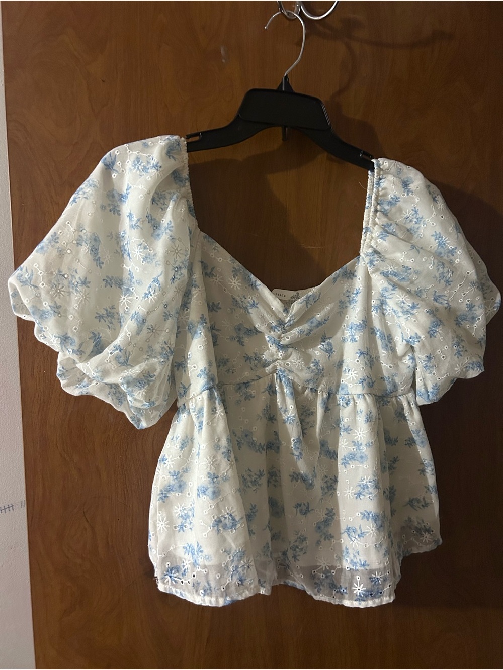 Altar'd State Cream Top with Light Blue Floral Puff Sleeves